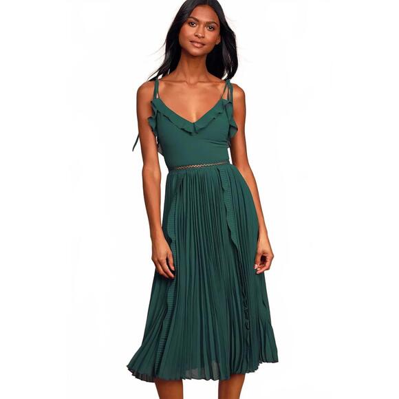 Lulus Dresses & Skirts - Lulus Never a Dull Moment Emerald Green Tie-Strap Pleated Midi Dress - XXS NWT